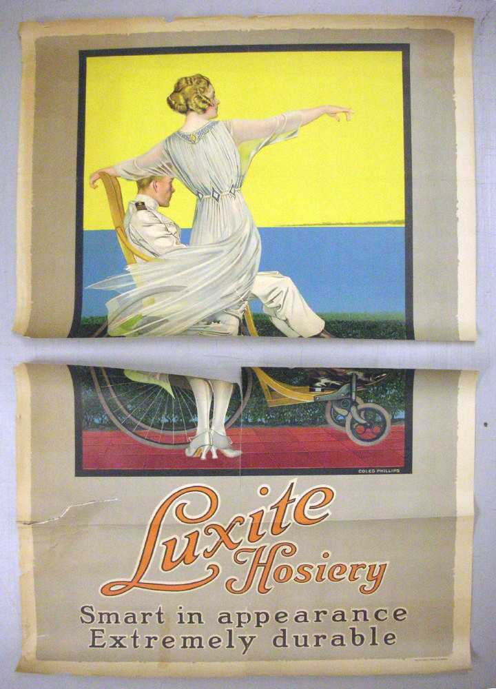 original vintage advertising poster Luxite Hosiery before restoration